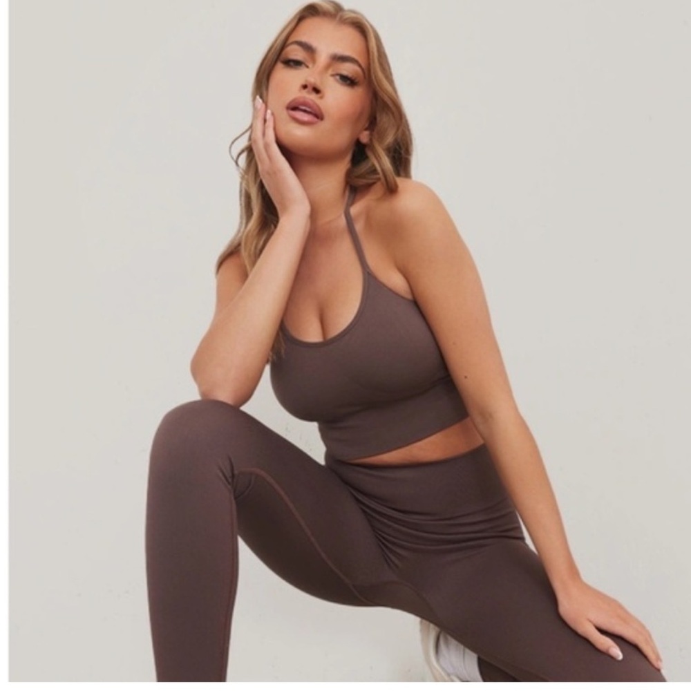 NWT Pretty Little Thing Brown Seamless Padded  Sports Bra L